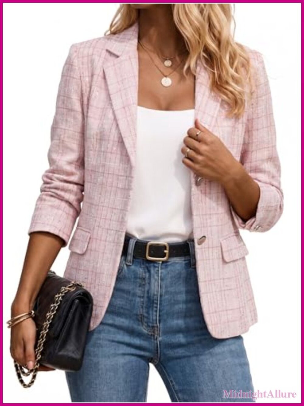 Womens Tweed Blazer Jacket Plaid Sequin Long Sleeve Casual